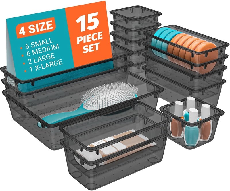SpaceHacks 15 PCS Clear Plastic Drawer Organizer Set, 4-Size Acrylic Drawer Storage Trays, Storage Bins for Makeup, Gadgets, and Jewelry in Bathroom, Bedroom and Office, Clear Black - Image 1